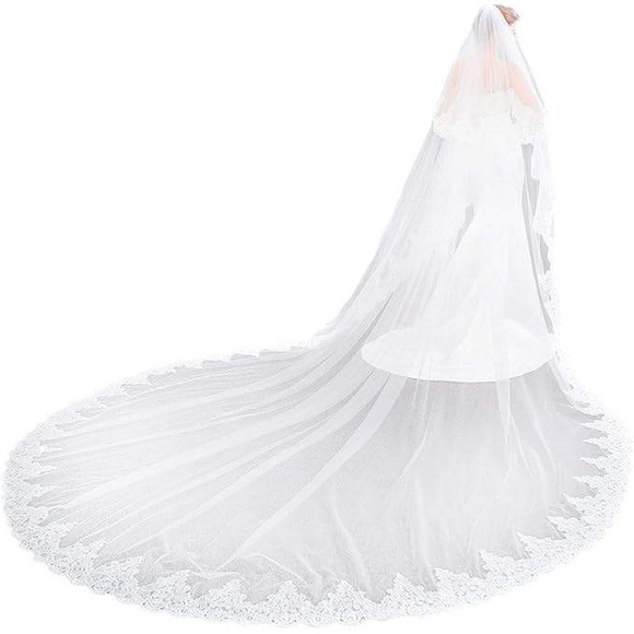 EllieHouse Accessories - Royal Cathedral Wedding Veil Long Lace Applique Bridal Veil Comb 138 Inch